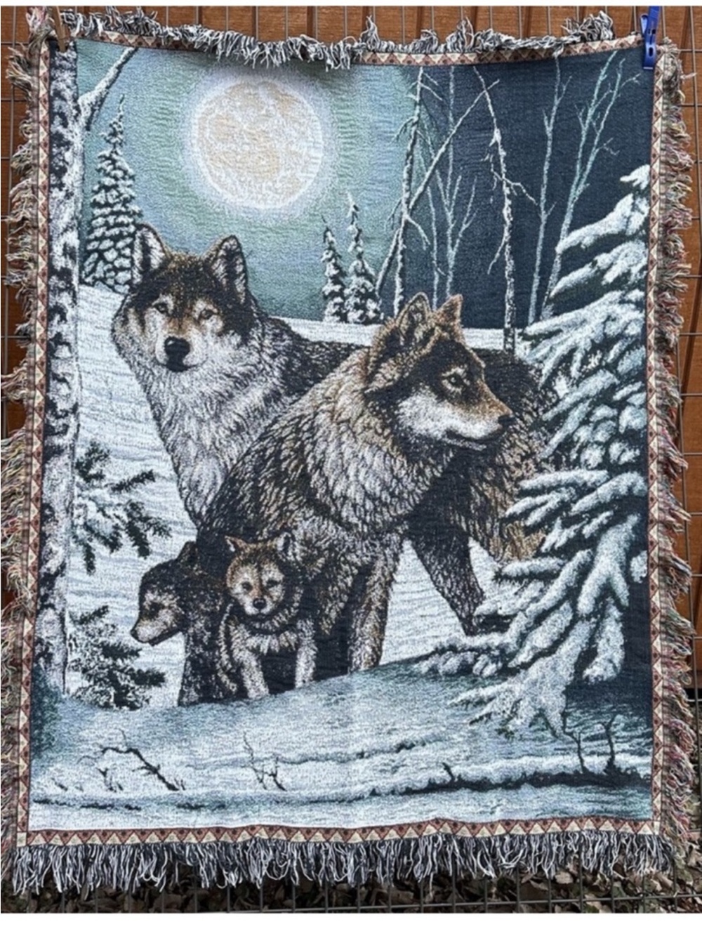 Wolf moon tapestry throw blanket w/ fringe